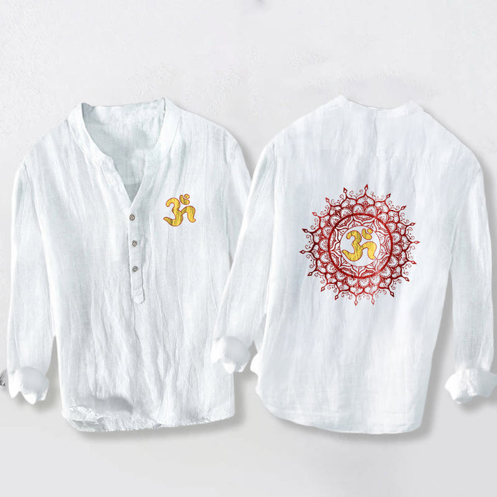 Camisa de manga larga de algodón y lino para hombre con diseño de mandala, símbolo OM y Buddha Stones , con botones y medio botón. - Blanco - US/UK/AU50, UE60 (5XL) - image 0