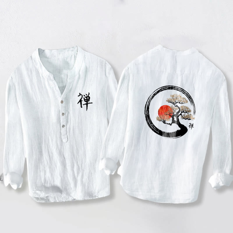 Camisa de manga larga de algodón y lino para hombre, con diseño de Buddha Stones, zen, pino y sol, con botones y medio cuello. - Blanco - US/UK/AU50, UE60 (5XL) - image 6