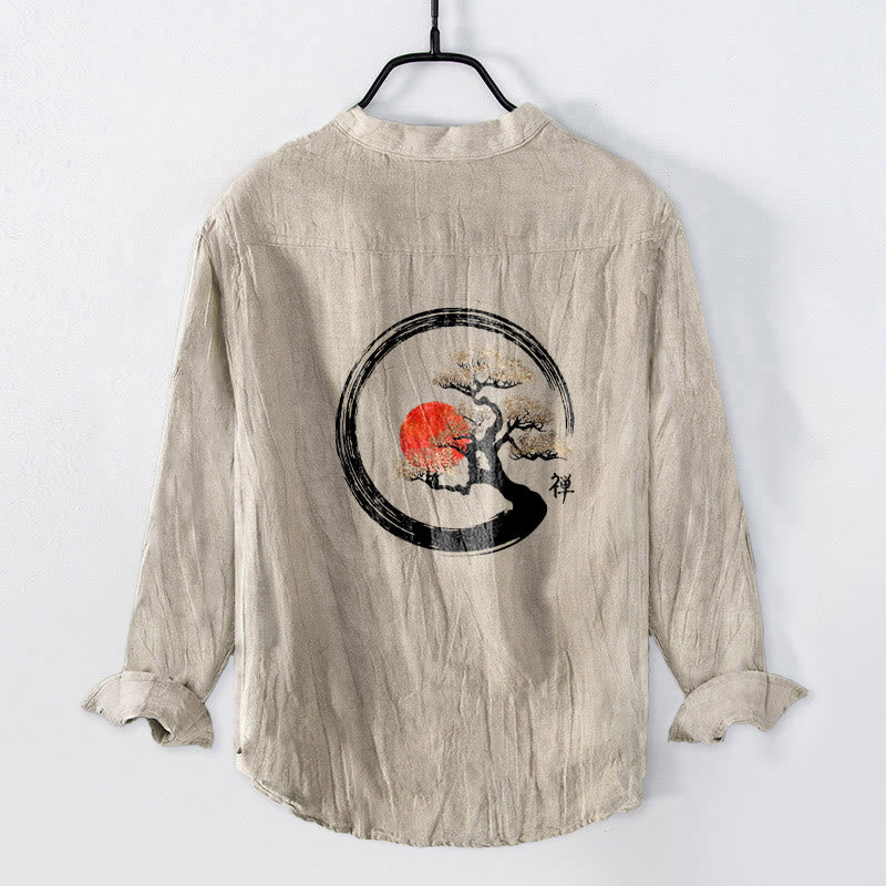 Camisa de manga larga de algodón y lino para hombre, con diseño de Buddha Stones, zen, pino y sol, con botones y medio cuello. - image 5