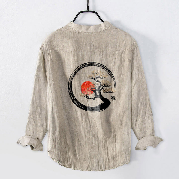 Camisa de manga larga de algodón y lino para hombre, con diseño de Buddha Stones, zen, pino y sol, con botones y medio cuello. - image 5