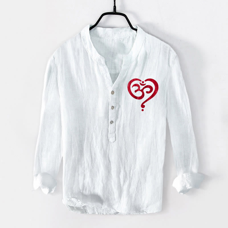 Camisa de manga larga de lino y algodón para hombre con diseño de corazón de Buddha Stones y símbolo OM, con botones y medio cuello. - Blanco - US/UK/AU50, UE60 (5XL) - image 6