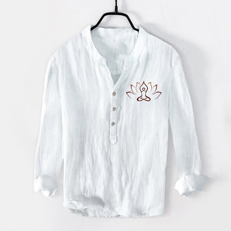 Camisa de manga larga de lino y algodón para hombre con diseño de Buddha Stones, figura de loto meditando y botones. - Blanco - US/UK/AU50, UE60 (5XL) - image 6