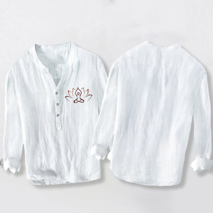 Camisa de manga larga de lino y algodón para hombre con diseño de Buddha Stones, figura de loto meditando y botones. - image 8