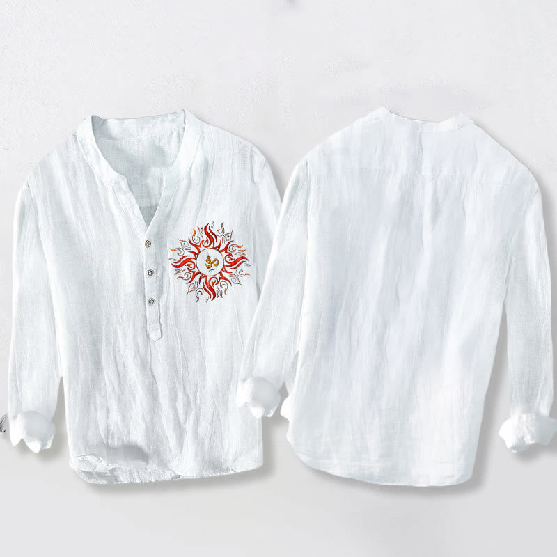 Camisa de manga larga de algodón y lino para hombre con diseño de símbolo OM en forma de sol y Buddha Stones , con botones y medio cuello - image 8