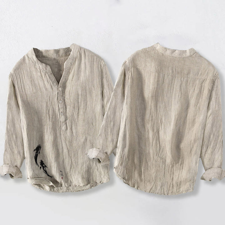 Camisa de manga larga de algodón y lino para hombre con estampado de dos peces koi y Buddha Stones , con botones y medio cuerpo - image 2