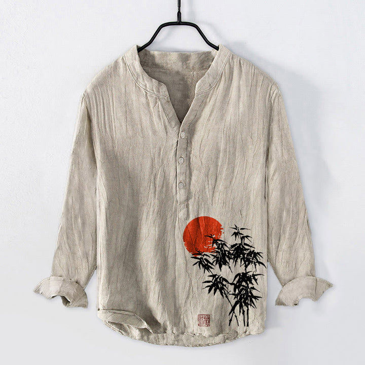 Camisa de manga larga de lino y algodón para hombre con estampado de sol rojo, hojas de bambú y Buddha Stones , con botones y medio cuello - Lino - US/UK/AU50, UE60 (5XL) - image 0