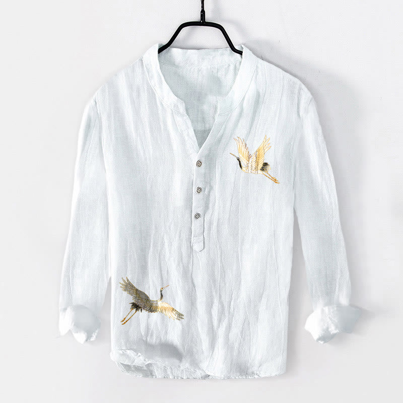 Camisa de manga larga de algodón y lino para hombre, con diseño de Buddha Stones, grulla, sol rojo, pino y medio botón. - image 7