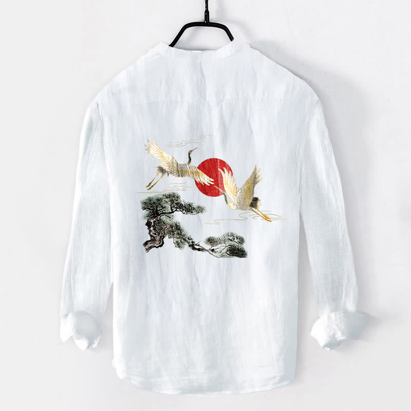 Camisa de manga larga de algodón y lino para hombre, con diseño de Buddha Stones, grulla, sol rojo, pino y medio botón. - image 8