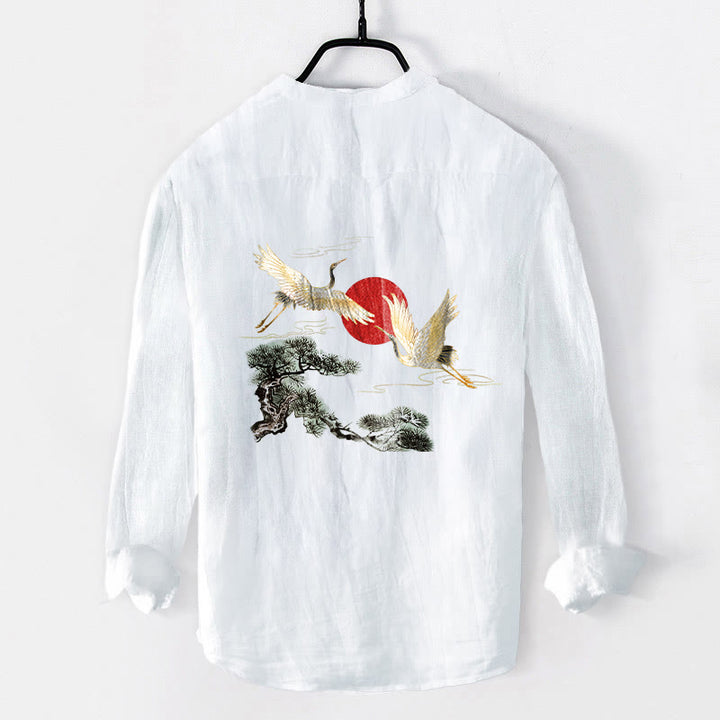 Camisa de manga larga de algodón y lino para hombre, con diseño de Buddha Stones, grulla, sol rojo, pino y medio botón. - image 8