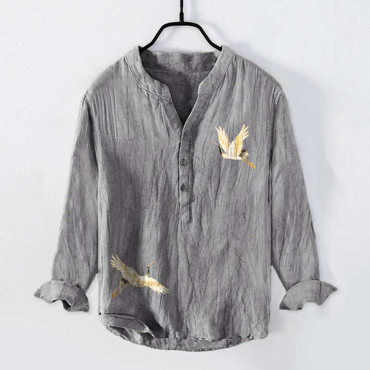 Camisa de manga larga de algodón y lino para hombre, con diseño de Buddha Stones, grulla, sol rojo, pino y medio botón. - image 1