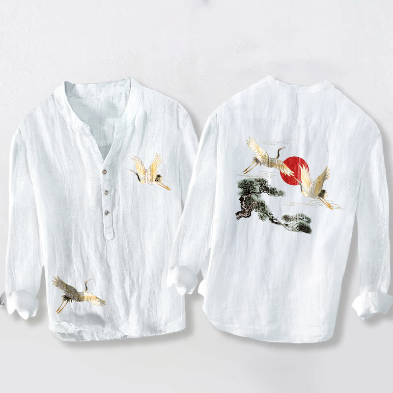 Camisa de manga larga de algodón y lino para hombre, con diseño de Buddha Stones, grulla, sol rojo, pino y medio botón. - Blanco - US/UK/AU50, UE60 (5XL) - image 6