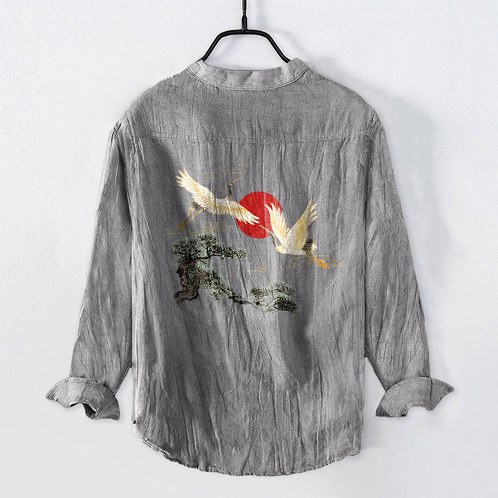 Camisa de manga larga de algodón y lino para hombre, con diseño de Buddha Stones, grulla, sol rojo, pino y medio botón. - image 2