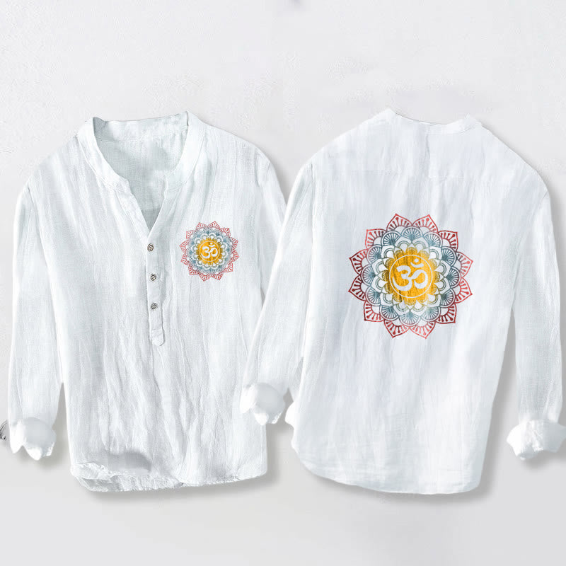 Camisa de manga larga de algodón y lino para hombre con diseño de mandala Om y Buddha Stones , botones y medio botón. - Blanco - US/UK/AU50, UE60 (5XL) - image 0