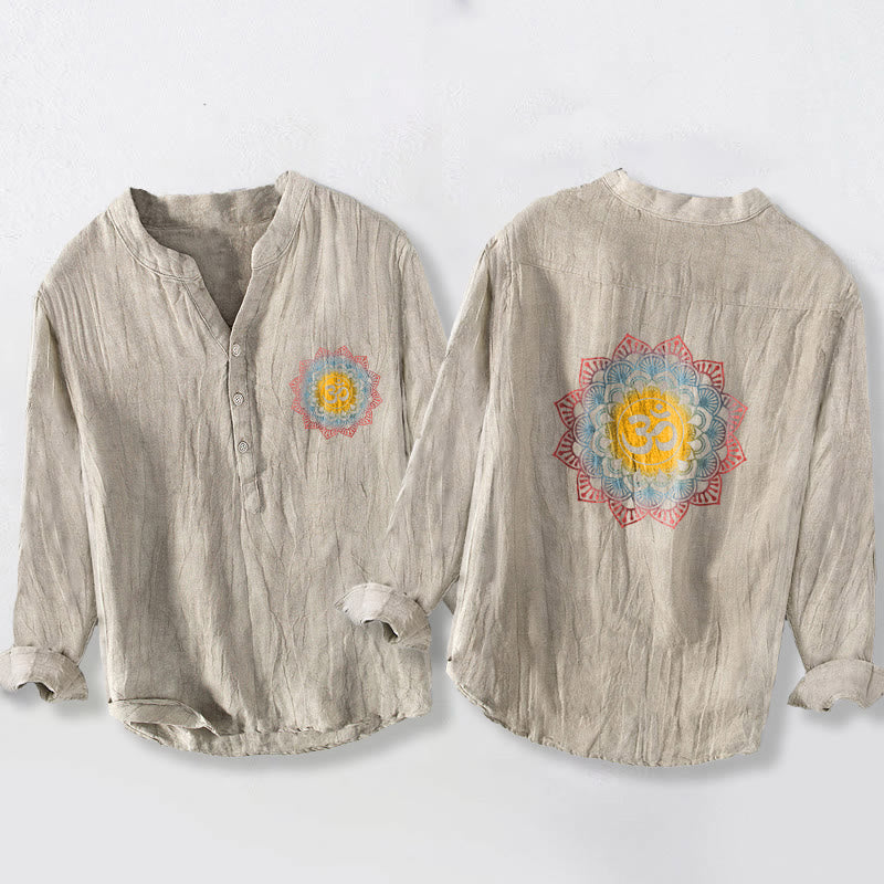 Camisa de manga larga de algodón y lino para hombre con diseño de mandala Om y Buddha Stones , botones y medio botón. - Lino - US/UK/AU50, UE60 (5XL) - image 3
