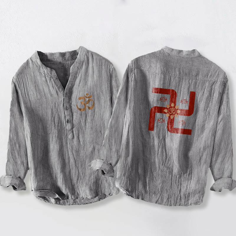 Camisa de manga larga de lino y algodón para hombre con diseño de esvástica, símbolo Om y loto con Buddha Stones. - Gris - US/UK/AU50, UE60 (5XL) - image 3