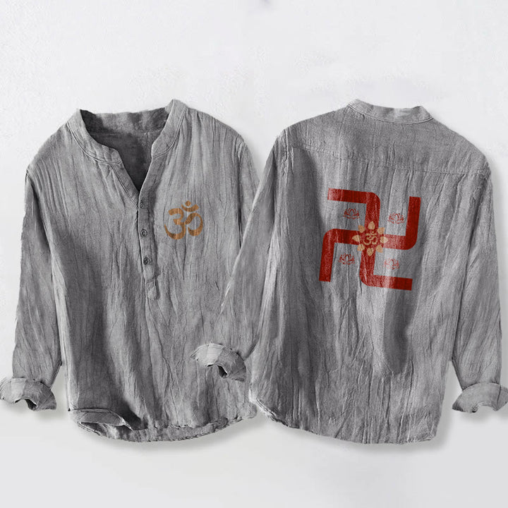Camisa de manga larga de lino y algodón para hombre con diseño de esvástica, símbolo Om y loto con Buddha Stones. - Gris - US/UK/AU50, UE60 (5XL) - image 3
