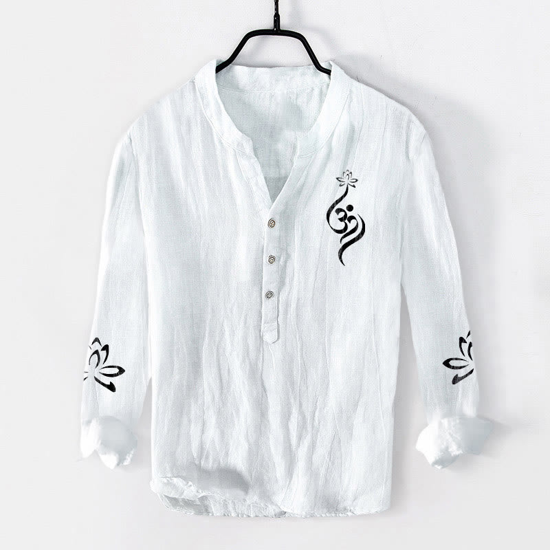 Camisa de manga larga de algodón y lino para hombre con estampado de símbolo Om de loto y Buddha Stones y medio botón. - Blanco - US/UK/AU50, UE60 (5XL) - image 6