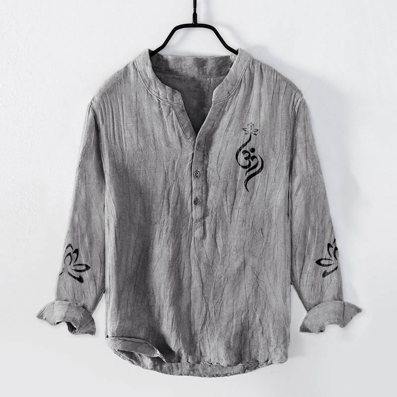 Camisa de manga larga de algodón y lino para hombre con estampado de símbolo Om de loto y Buddha Stones y medio botón. - Gris - US/UK/AU50, UE60 (5XL) - image 0