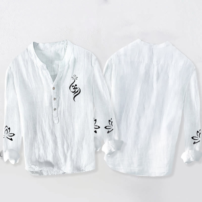 Camisa de manga larga de algodón y lino para hombre con estampado de símbolo Om de loto y Buddha Stones y medio botón. - image 8