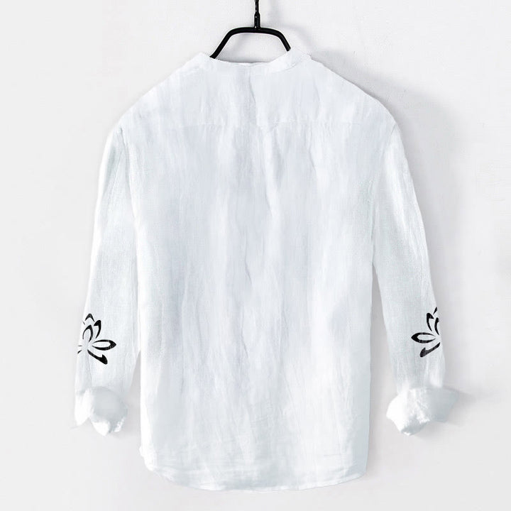 Camisa de manga larga de algodón y lino para hombre con estampado de símbolo Om de loto y Buddha Stones y medio botón. - image 7