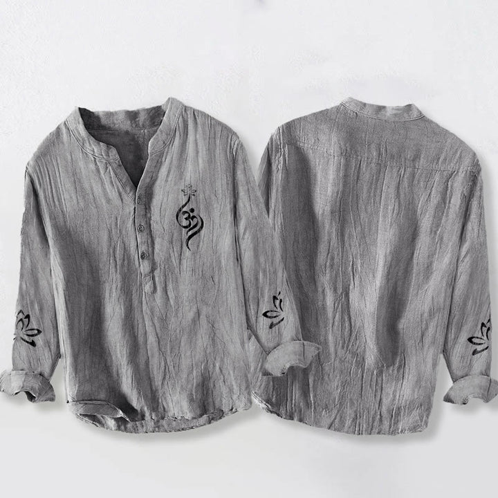 Camisa de manga larga de algodón y lino para hombre con estampado de símbolo Om de loto y Buddha Stones y medio botón. - image 2