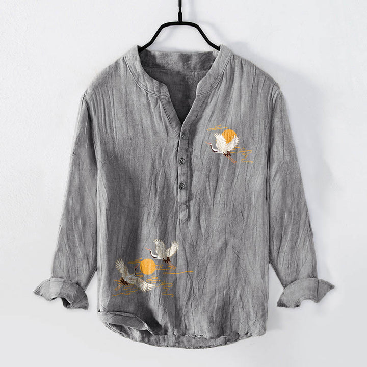 Camisa de manga larga para hombre, de algodón y lino, con botones a la mitad, estampado de grullas y Buddha Stones con sol dorado. - Gris - US/UK/AU50, UE60 (5XL) - image 0