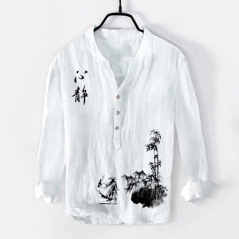 Camisa de manga larga para hombre, de algodón y lino, con estampado de espadachines, caracteres chinos , Buddha Stones y bambú. Media botonadura. - Blanco - US/UK/AU50, EU60 (5XL) - image 6