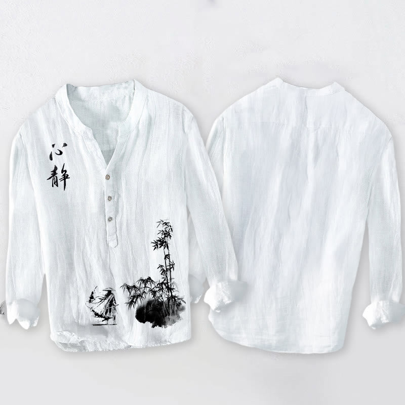 Camisa de manga larga para hombre, de algodón y lino, con estampado de espadachines, caracteres chinos , Buddha Stones y bambú. Media botonadura. - image 8