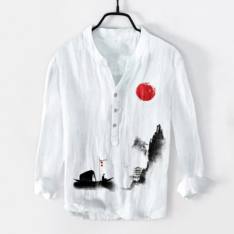 Camisa de manga larga de algodón y lino para hombre, con botones, diseño de Buddha Stones , montañas, pescador, barco, sol rojo - Blanco - US/UK/AU50, UE60 (5XL) - image 0