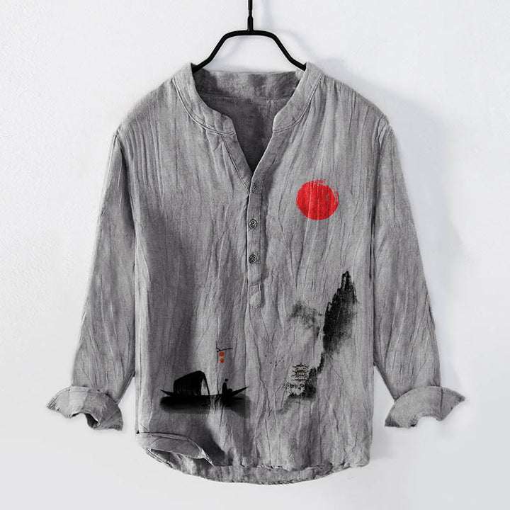 Camisa de manga larga de algodón y lino para hombre, con botones, diseño de Buddha Stones , montañas, pescador, barco, sol rojo - Gris - US/UK/AU50, UE60 (5XL) - image 3