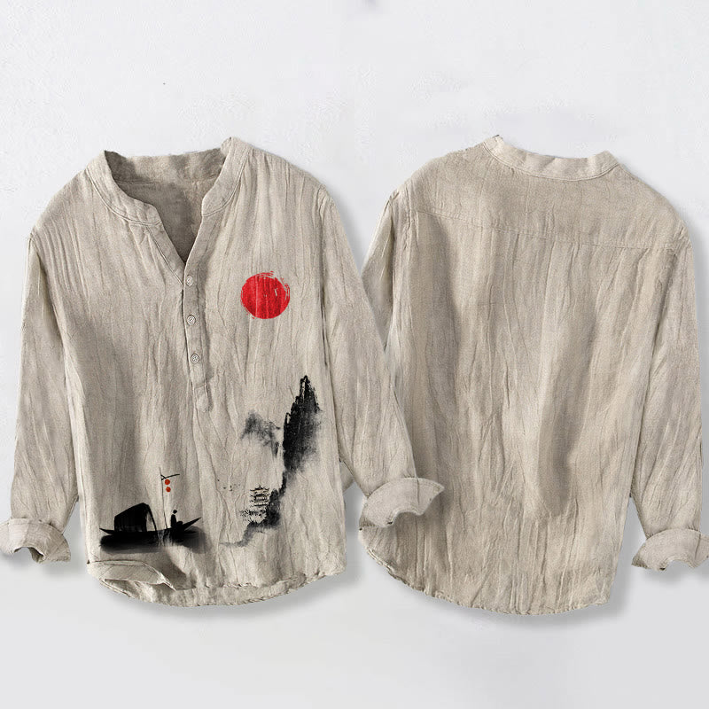 Camisa de manga larga de algodón y lino para hombre, con botones, diseño de Buddha Stones , montañas, pescador, barco, sol rojo - image 8