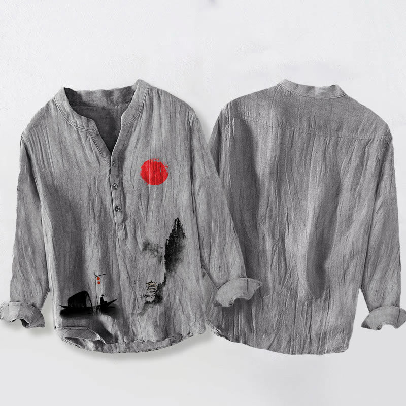 Camisa de manga larga de algodón y lino para hombre, con botones, diseño de Buddha Stones , montañas, pescador, barco, sol rojo - image 5