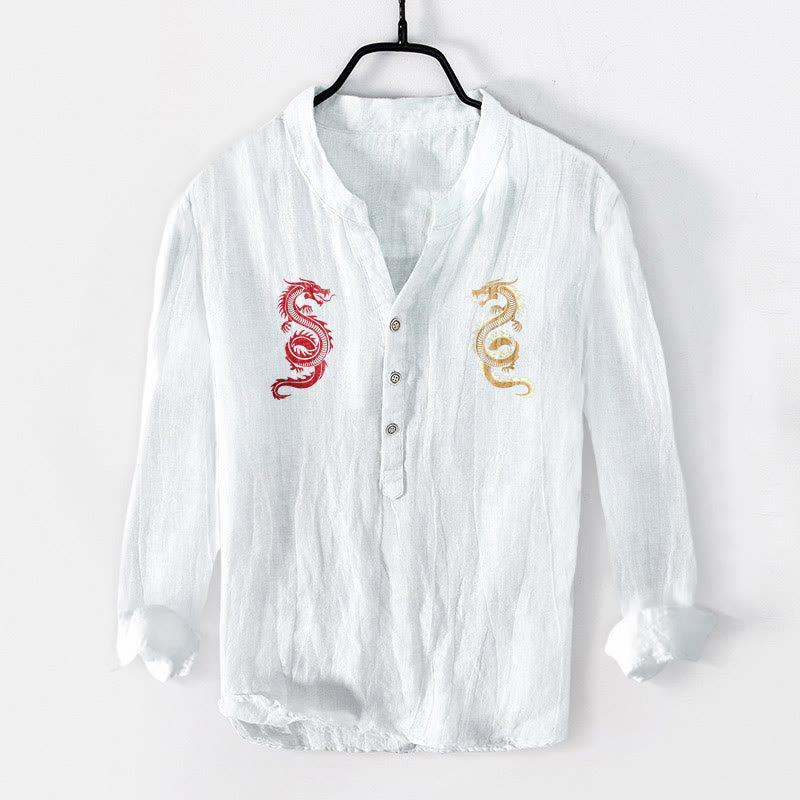 Camisa de manga larga para hombre de algodón y lino con estampado de doble dragón y Buddha Stones, con botones a la mitad. - Blanco - US/UK/AU50, EU60 (5XL) - image 3