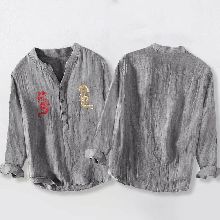 Camisa de manga larga para hombre de algodón y lino con estampado de doble dragón y Buddha Stones, con botones a la mitad. - image 2