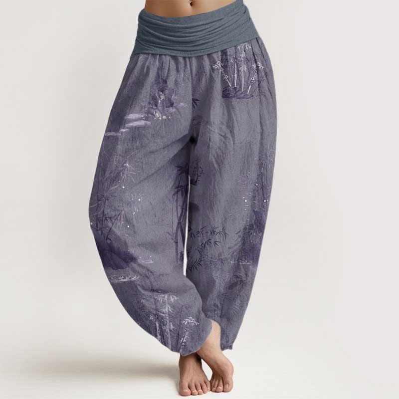 Pantalones harén de algodón puro con estampado de Buddha Stones , informales, de bambú y tinta de roca, con cintura elástica para mujer - Gris pizarra - US22,UK/AU26,EU54 (6XL) - image 0