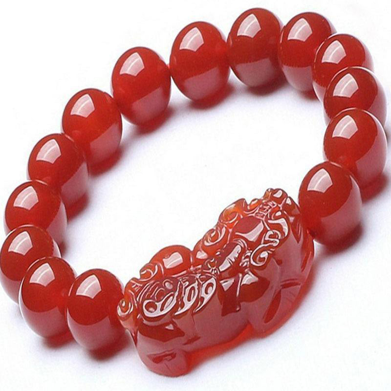 Pulsera de la suerte con Buddha Stones, ágata roja, Pixiu de la suerte