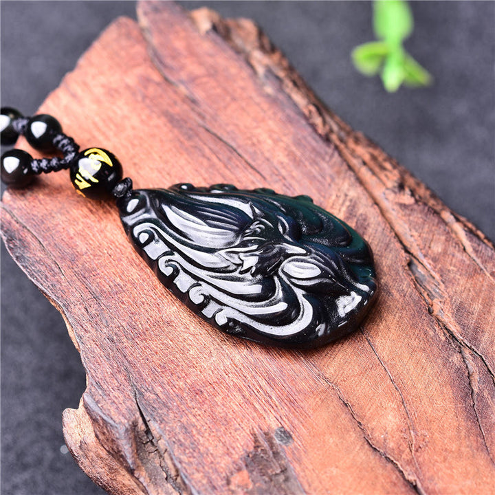Buddha Stones, obsidiana arcoíris Natural, zorro de nueve colas, collar de paz interior, colgante de cadena con cuentas