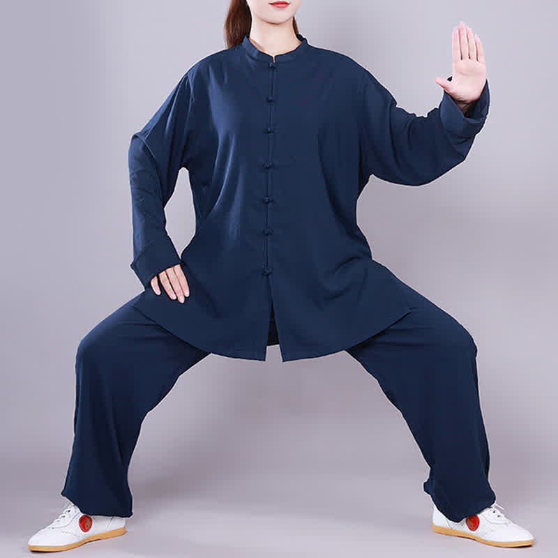 Conjunto de ropa unisex de lino y algodón con Buddha Stones, tai chi, qigong, oración, práctica espiritual zen - Azul marino - Manga larga - US14, UK/AU18, EU46 (3XL)  - image 22