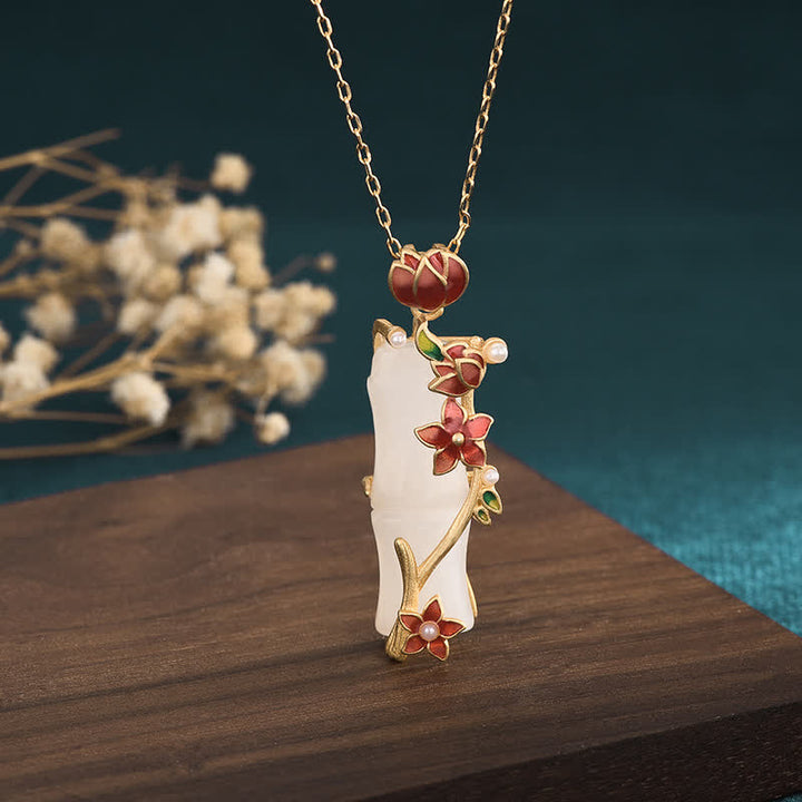 Colgante de collar de protección de la suerte con flores de loto de bambú de jade blanco con Buddha Stones - image 1