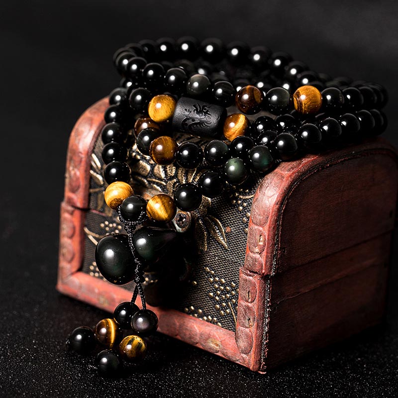 Pulsera de bendición de calabaza de obsidiana arcoíris de obsidiana negra natural con Buddha Stones Mala