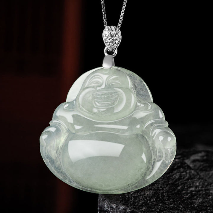 Buddha Stones Plata de Ley 925 Jade Natural Buda sonriente prosperidad abundancia cadena collar colgante
