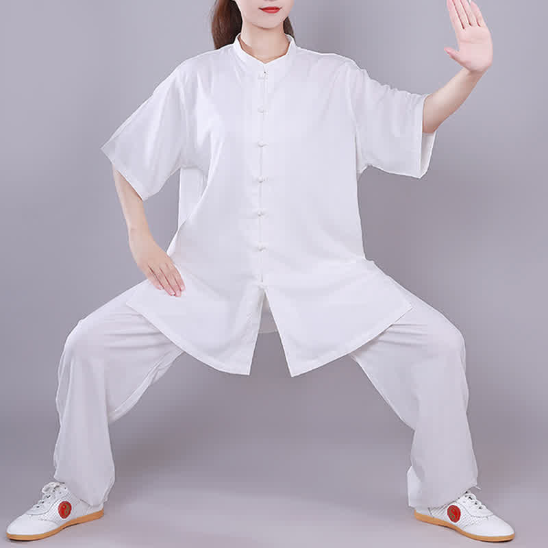 Conjunto de ropa unisex de lino y algodón con Buddha Stones, tai chi, qigong, oración, práctica espiritual zen - Blanco - Manga corta - US14, UK/AU18, EU46 (3XL)  - image 0