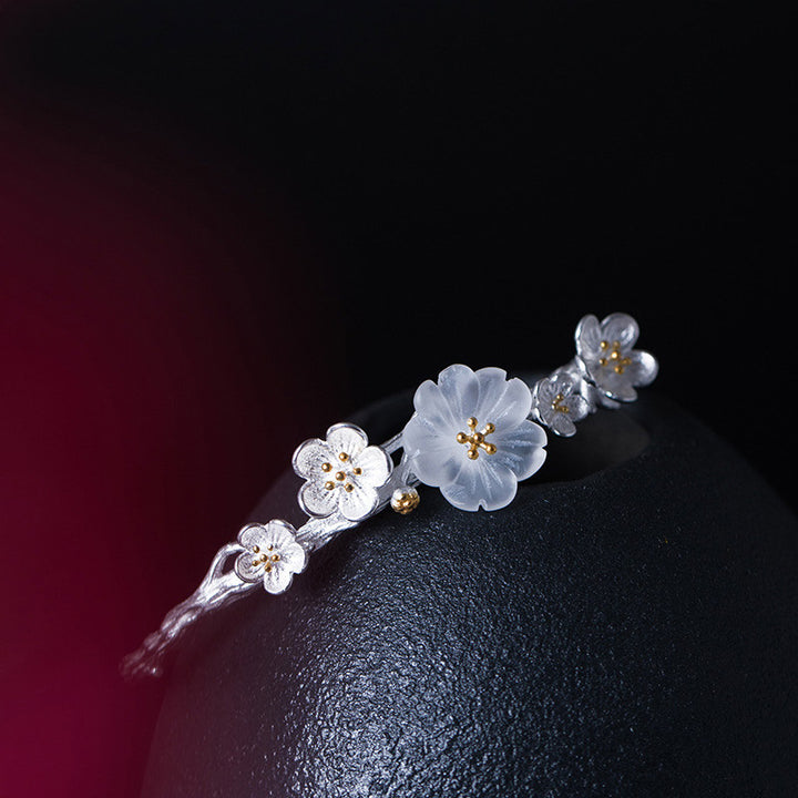 Pulsera ajustable con Buddha Stones de plata de ley 925 con flor de ciruelo y bendición