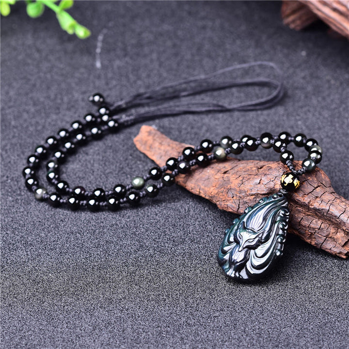 Buddha Stones, obsidiana arcoíris Natural, zorro de nueve colas, collar de paz interior, colgante de cadena con cuentas