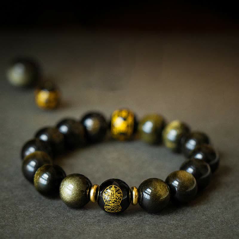 Pulsera de protección de la riqueza de obsidiana con brillo dorado del Buda Natal del zodíaco chino