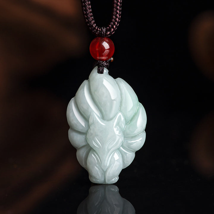 Colgante de collar de prosperidad de la suerte de zorro de nueve colas de jade natural con Buddha Stones