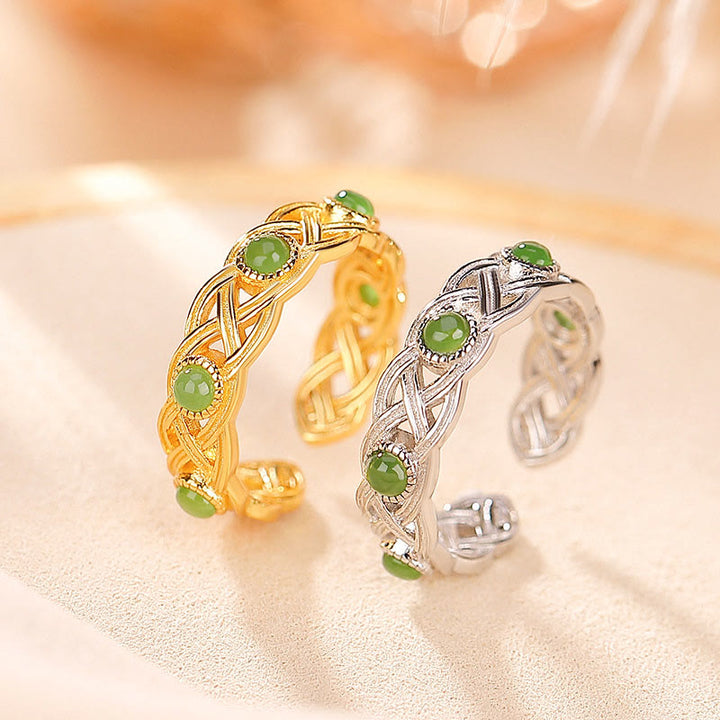 Anillo ajustable con diseño trenzado de jade cian y oro chapado en plata de ley 925 con Buddha Stones
