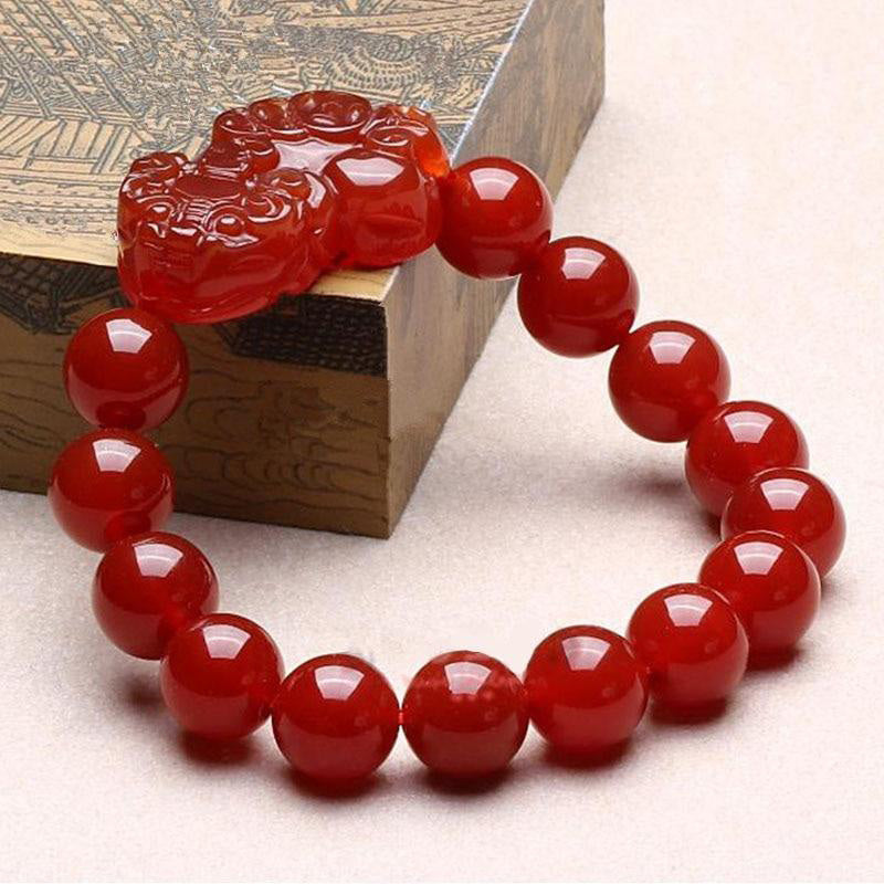 Pulsera de la suerte con Buddha Stones, ágata roja, Pixiu de la suerte