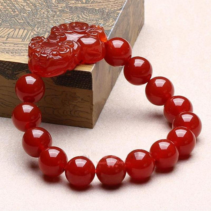 Pulsera de la suerte con Buddha Stones, ágata roja, Pixiu de la suerte