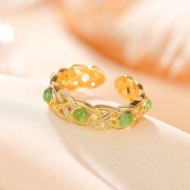 Anillo ajustable con diseño trenzado de jade cian y oro chapado en plata de ley 925 con Buddha Stones